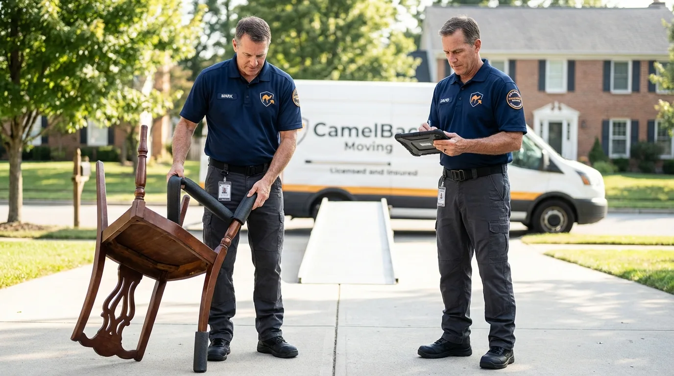 Movers inspecting furniture for damage prevention before loading in Haverstraw, NY